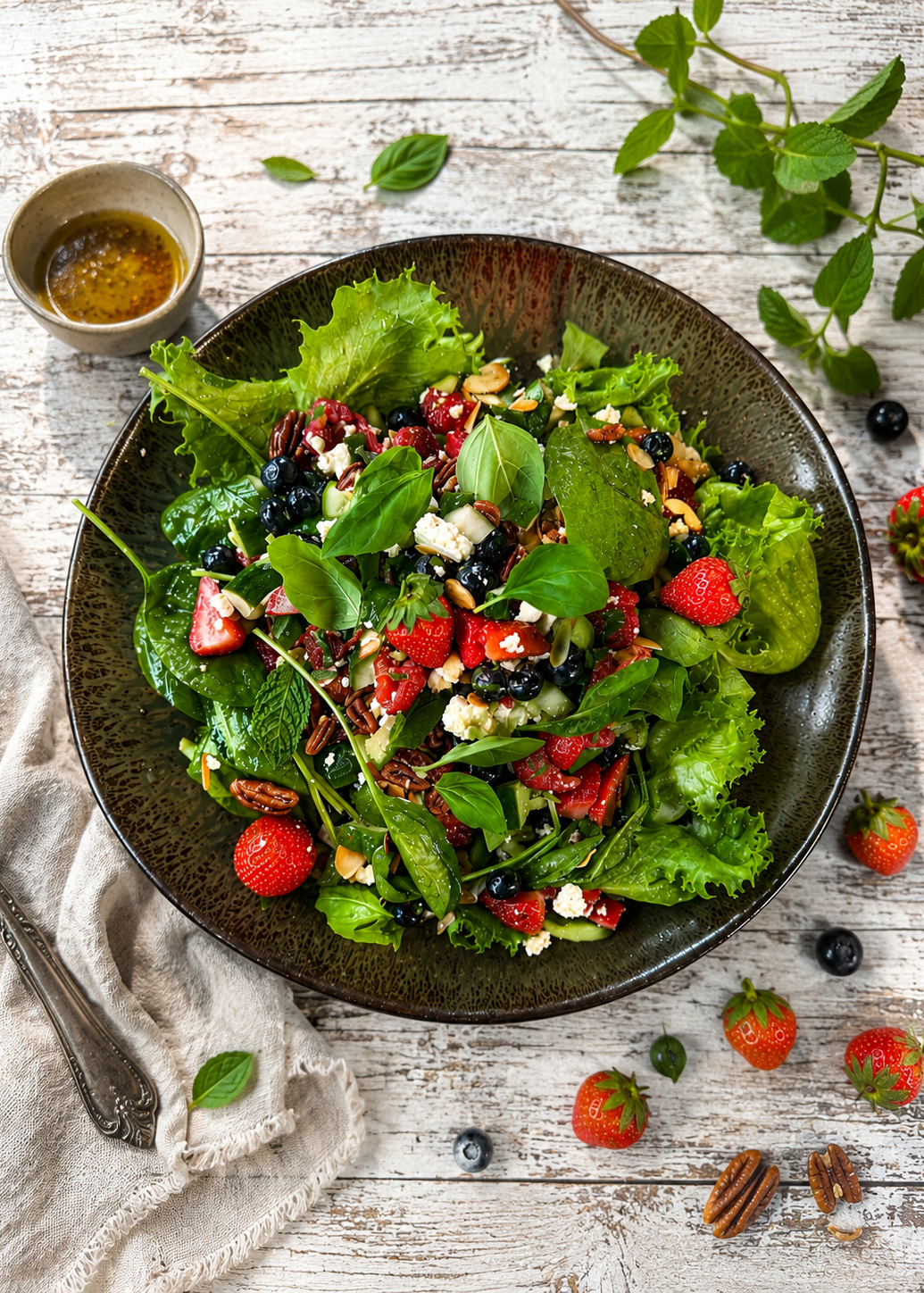 Salade verte aux fruits rouges, feta, fines herbes fraîches et noix torréfiées