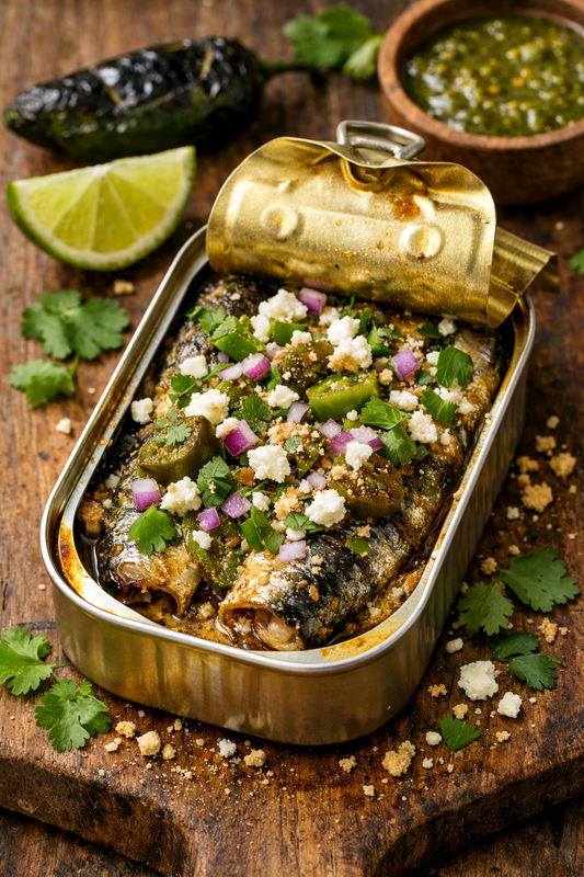 Sardines chaudes en boîte, salsa verde, jalapeño rôti, lime, coriandre fraîche et fromage émietté