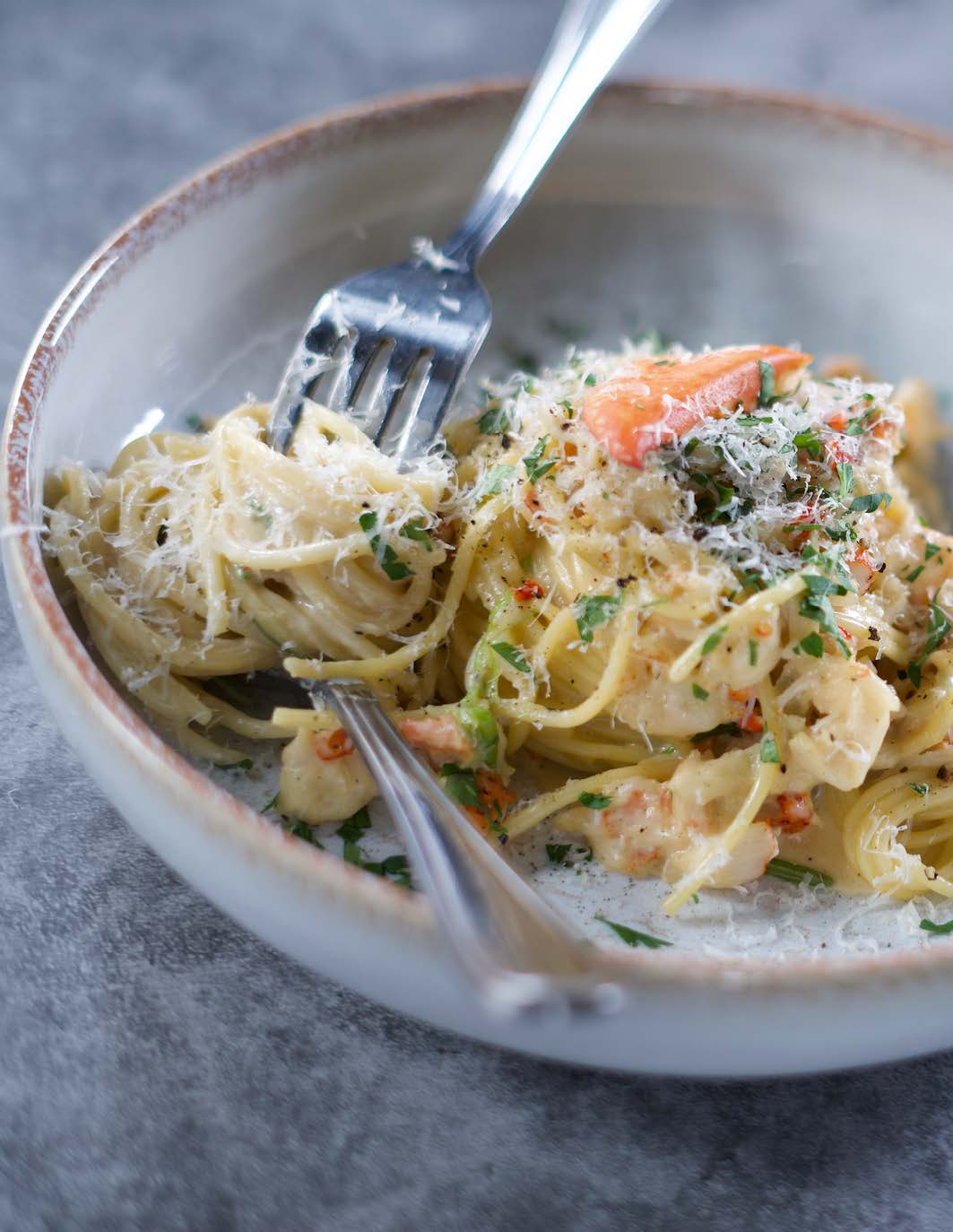 Spaghetti aux homards, sauce crème au Brandy