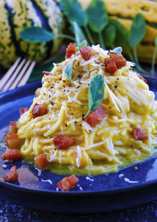 Spaghettini à la citrouille, pancetta et sauge