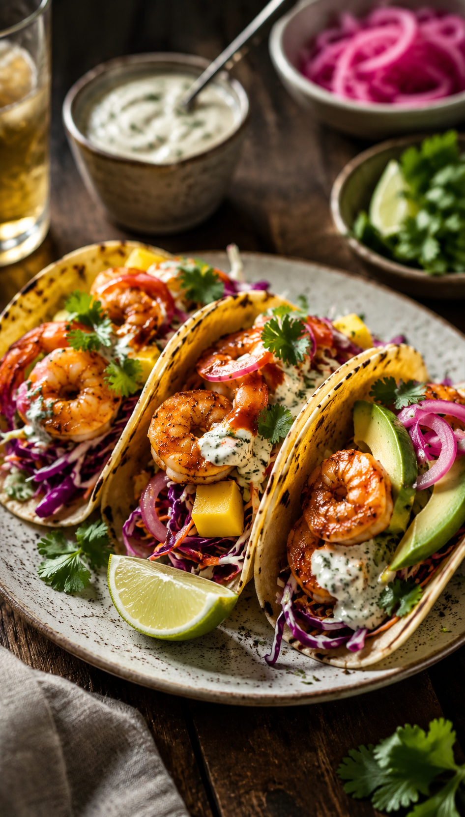 Tacos de crevettes sautées au chipotle, chou rouge croquant et pickles d’oignon