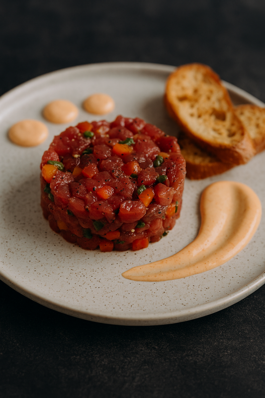 Tartare de thon aux poivrons doux et mayonnaise épicée