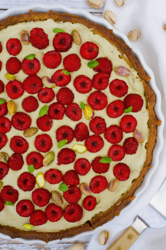 Tarte aux framboises et pistaches
