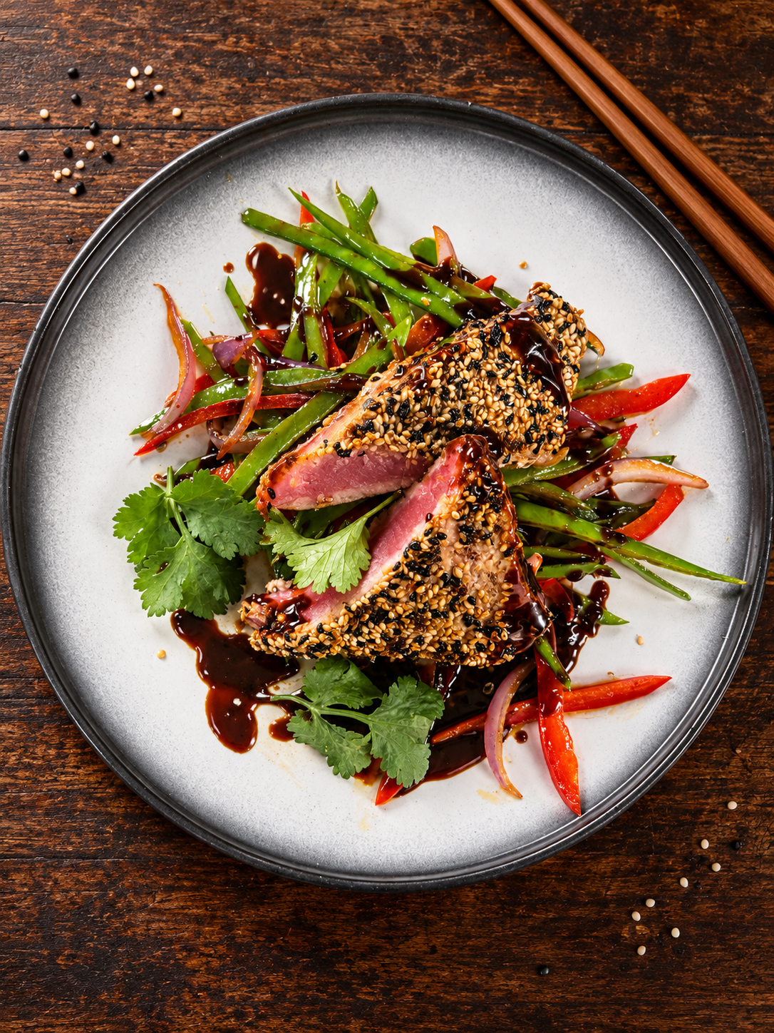 Pavés de thon en croûte de sésame blanc et noir, légumes sautés et sauce teriyaki maison