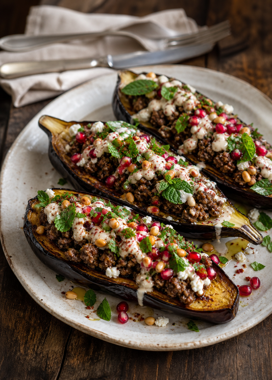 Aubergines grillées farcies à l’agneau, tahini et grenade
