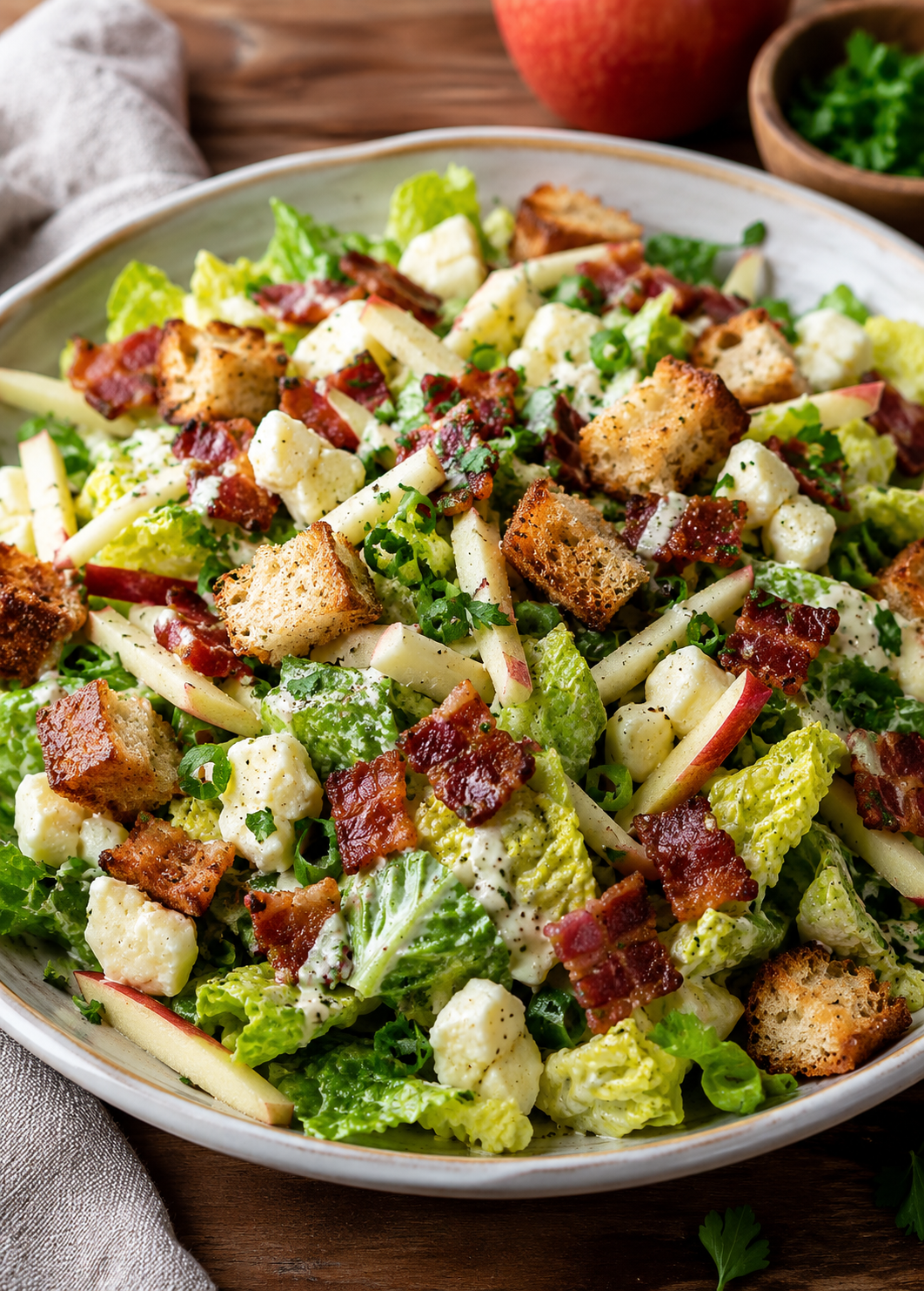 Salade César québécoise au fromage en grains, bacon fumé et vinaigrette au cidre