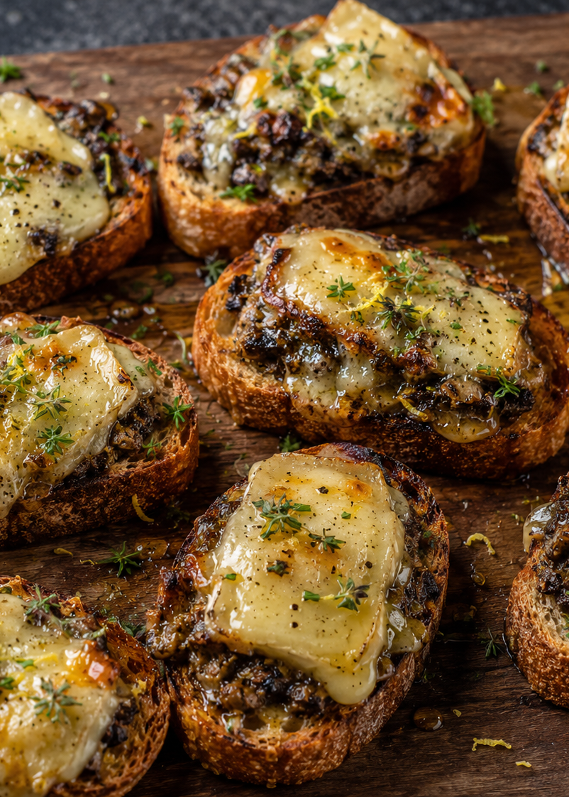 Croûtons de baguette à la duxelle, fromage fondant et miel au thym