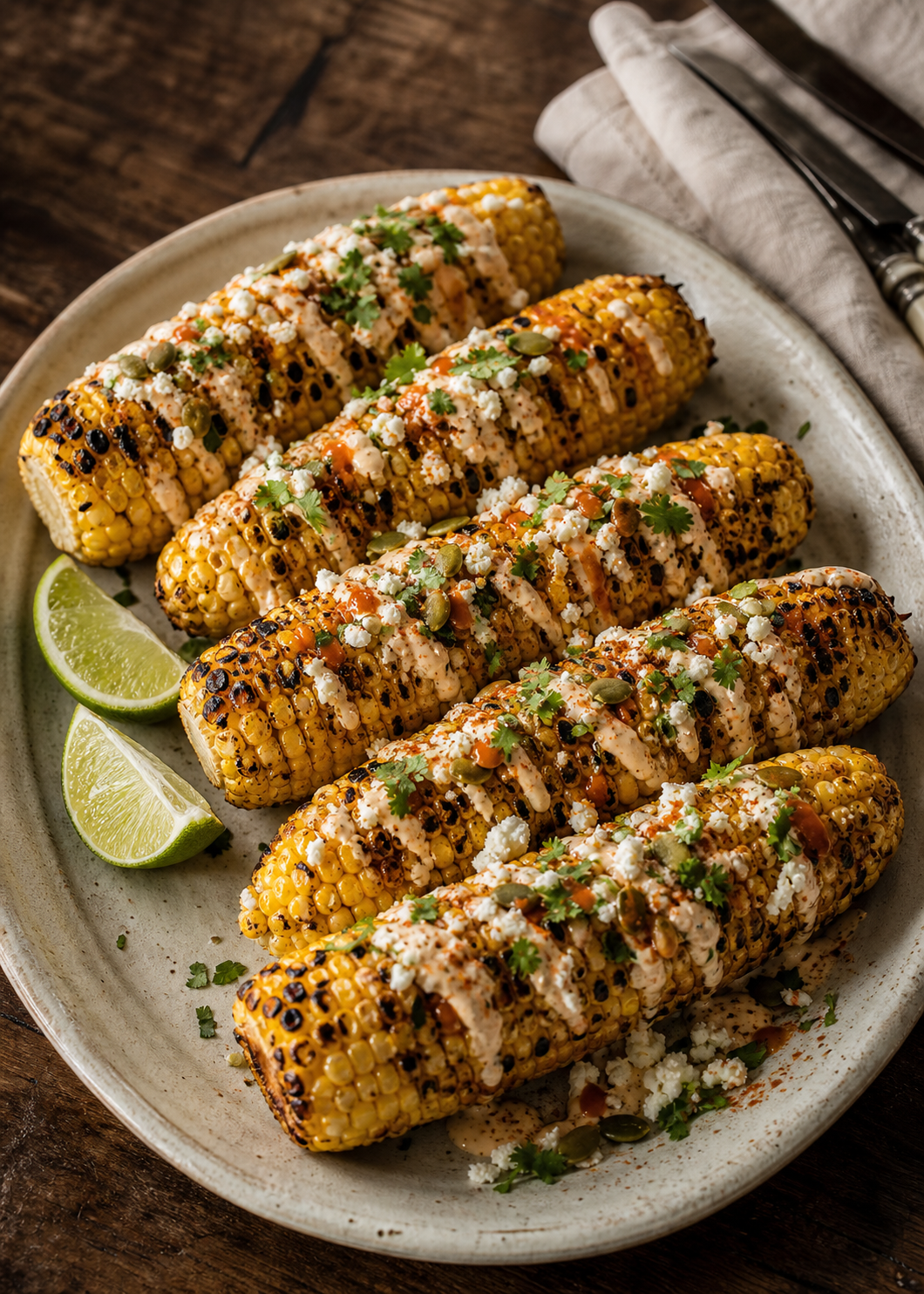 Maïs grillé façon elote, crème épicée, feta et coriandre
