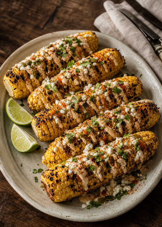 Maïs grillé façon elote, crème épicée, feta et coriandre