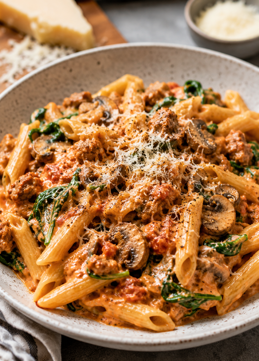 Penne sauce rosée- saucisses italiennes et champignons