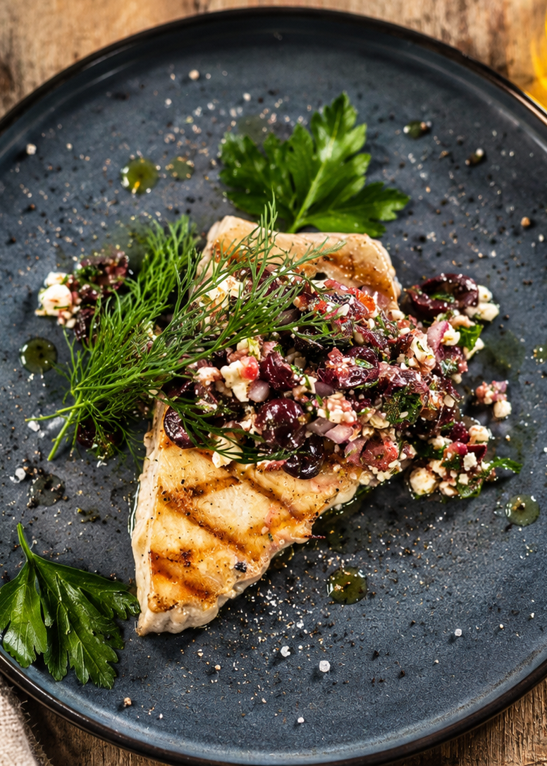 Steak d’espadon grillé, sauce vierge aux olives et à la feta
