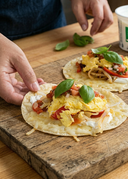 Taco croustillant au four œufs-fromage et légumes à la mexicaine