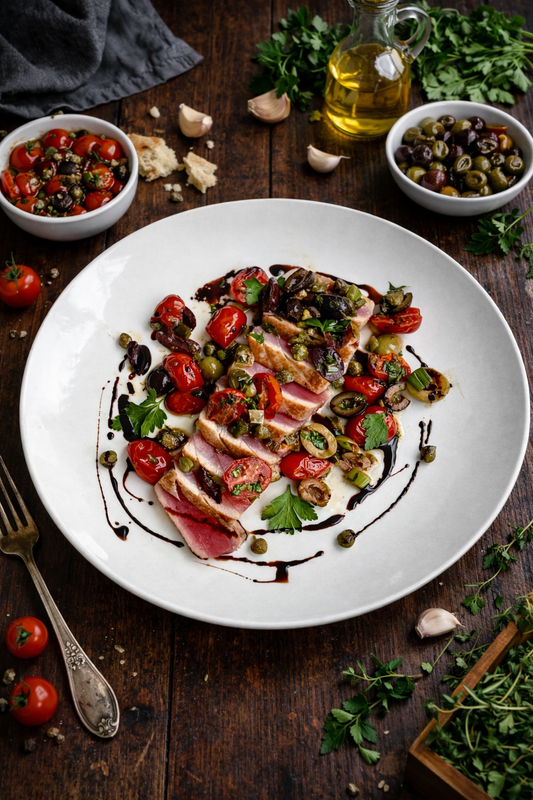Tataki de thon albacore, compotée tiède de tomates aux aromates et au vinaigre balsamique
